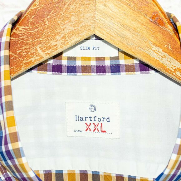 Hartford Slim Fit Button up Shirt Yellow Blue Check Cotton Size 2XL - Picture 5 of 6